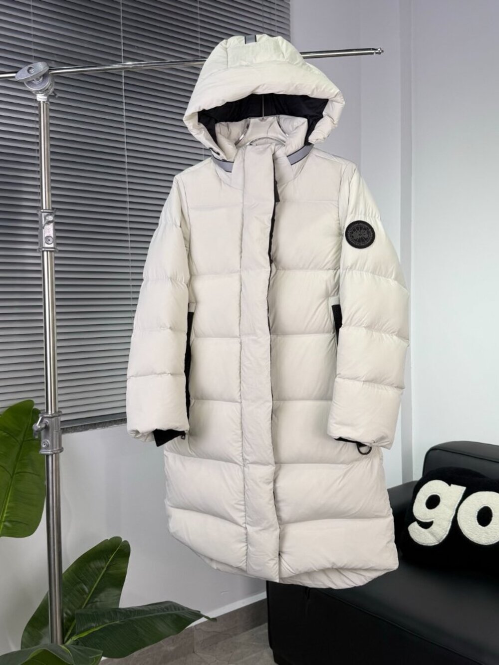 White Long Down Parka Black Circle Patch Hooded Winter Coat